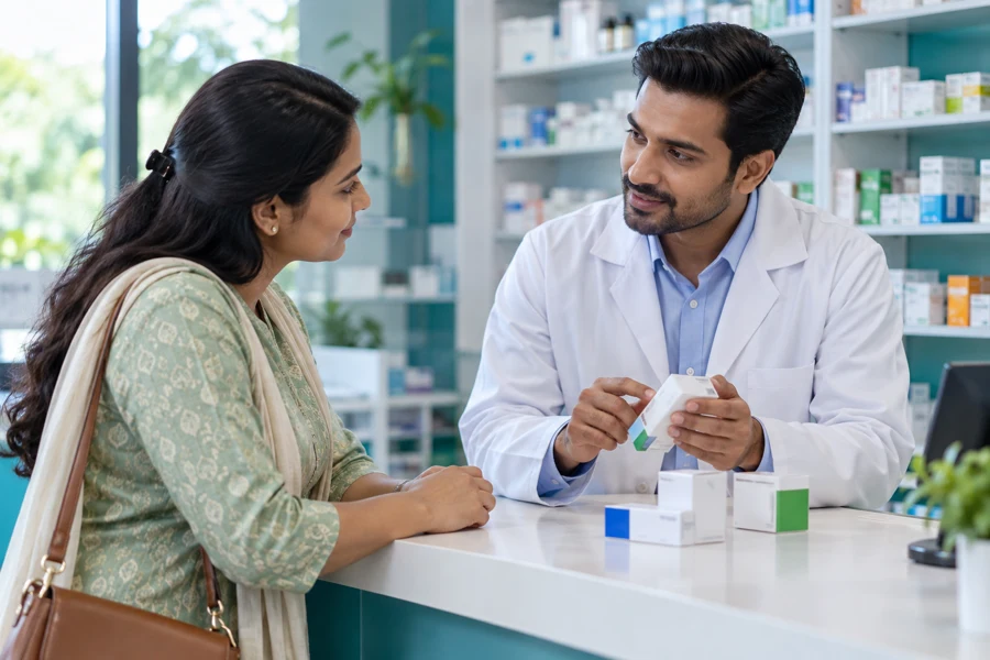 Patient discussing medicine options with a pharmacist