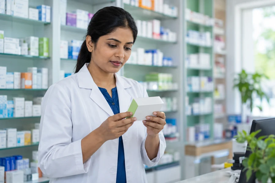 Pharmacist carefully reviewing medicine packaging